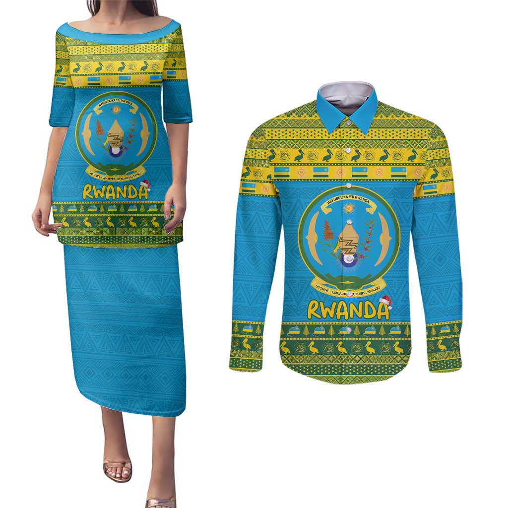 Rwanda Christmas Couples Matching Puletasi and Long Sleeve Button Shirt Coat Of Arms Noheli Nziza - Wonder Print Shop