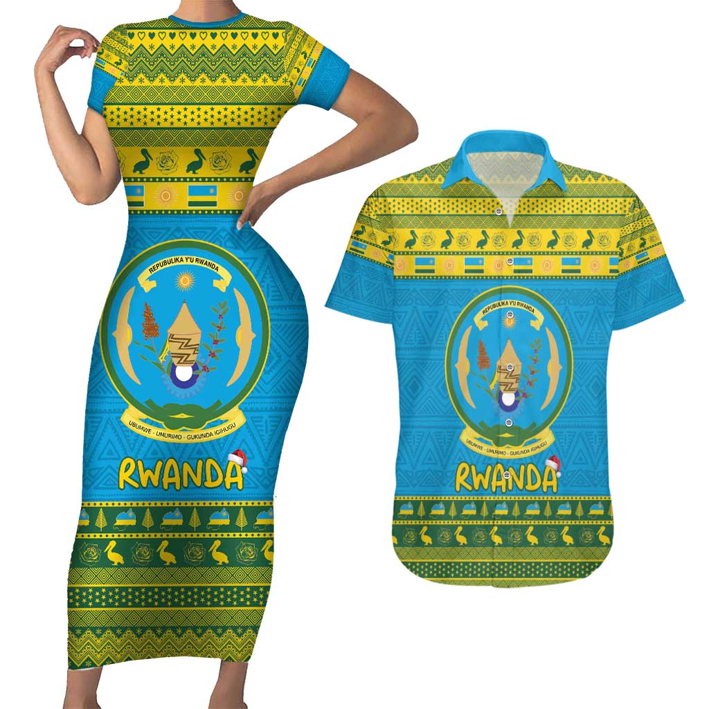 Rwanda Christmas Couples Matching Short Sleeve Bodycon Dress and Hawaiian Shirt Coat Of Arms Noheli Nziza - Wonder Print Shop