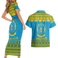Rwanda Christmas Couples Matching Short Sleeve Bodycon Dress and Hawaiian Shirt Coat Of Arms Noheli Nziza - Wonder Print Shop
