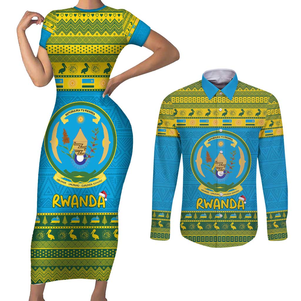 Rwanda Christmas Couples Matching Short Sleeve Bodycon Dress and Long Sleeve Button Shirt Coat Of Arms Noheli Nziza - Wonder Print Shop