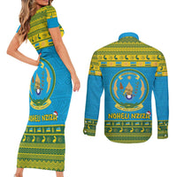Rwanda Christmas Couples Matching Short Sleeve Bodycon Dress and Long Sleeve Button Shirt Coat Of Arms Noheli Nziza - Wonder Print Shop