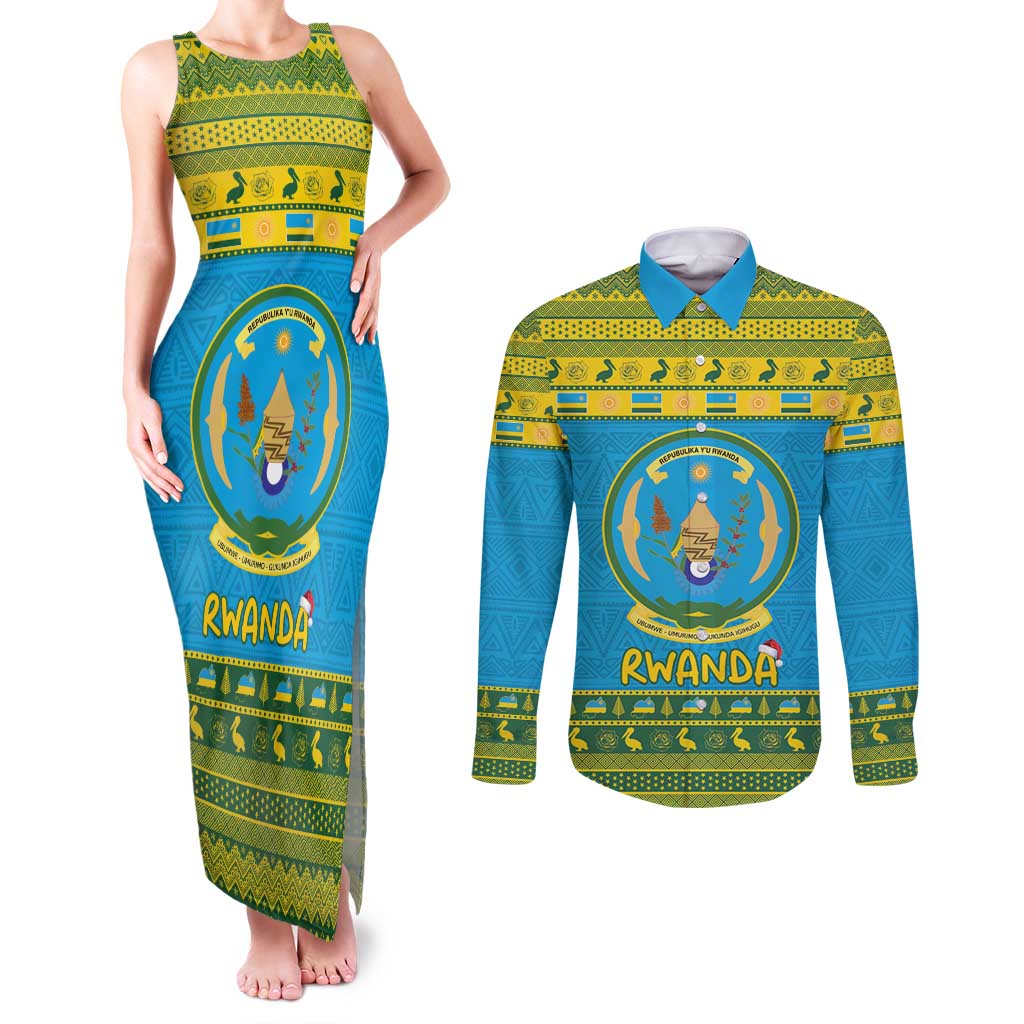 Rwanda Christmas Couples Matching Tank Maxi Dress and Long Sleeve Button Shirt Coat Of Arms Noheli Nziza - Wonder Print Shop