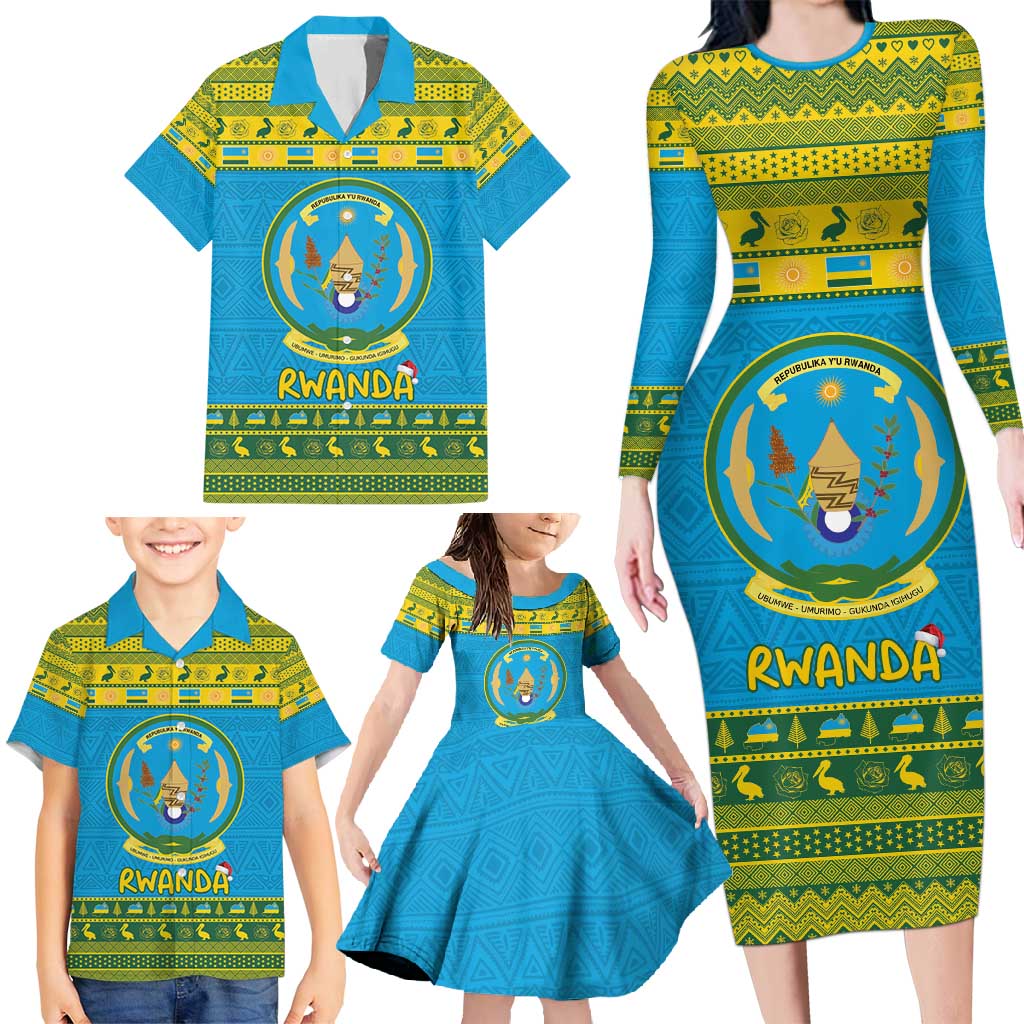 Rwanda Christmas Family Matching Long Sleeve Bodycon Dress and Hawaiian Shirt Coat Of Arms Noheli Nziza - Wonder Print Shop