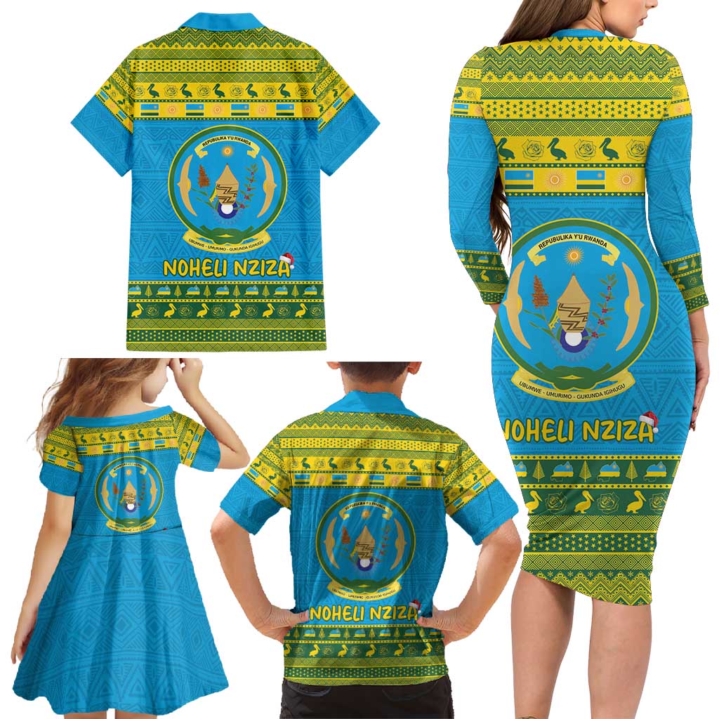 Rwanda Christmas Family Matching Long Sleeve Bodycon Dress and Hawaiian Shirt Coat Of Arms Noheli Nziza - Wonder Print Shop