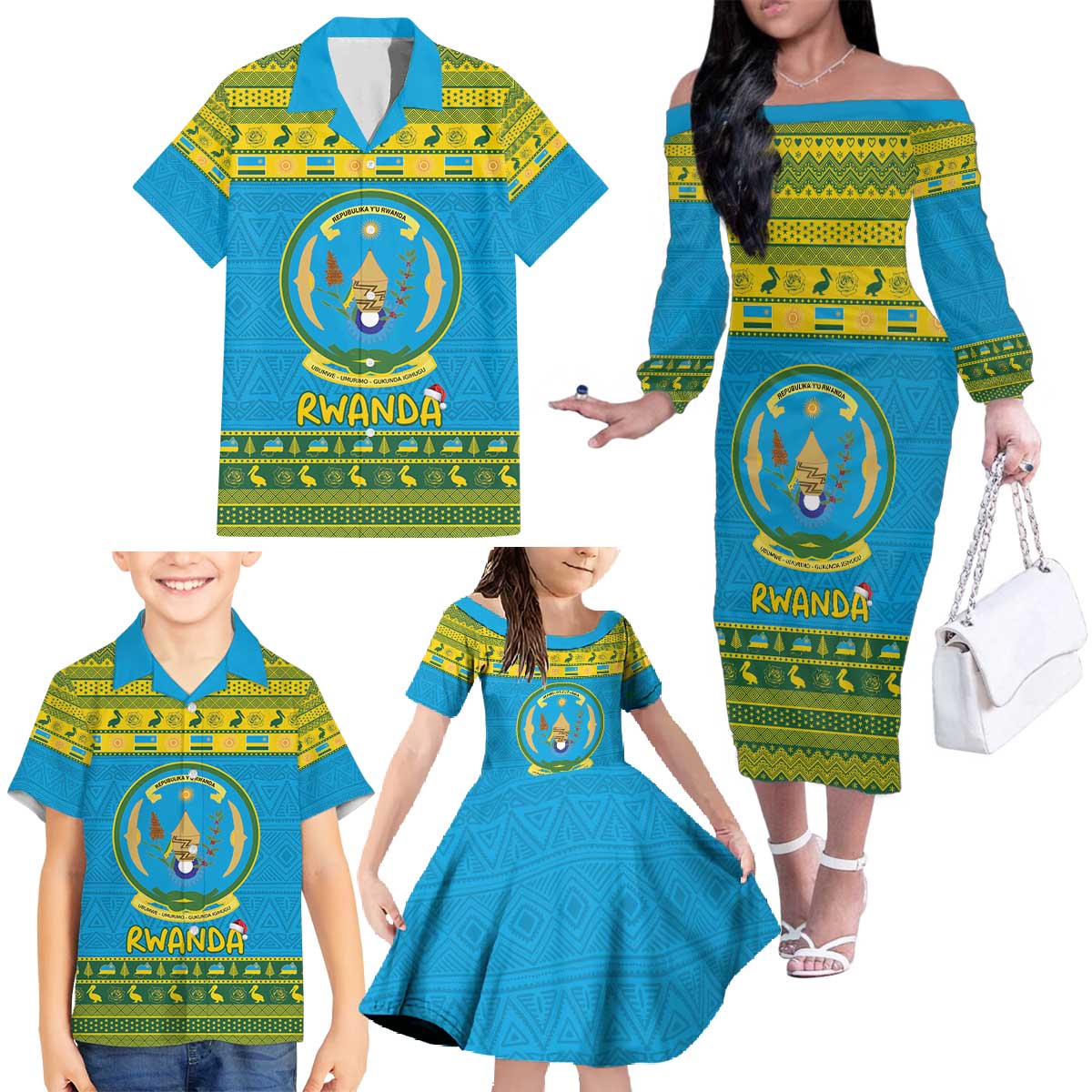 Rwanda Christmas Family Matching Off The Shoulder Long Sleeve Dress and Hawaiian Shirt Coat Of Arms Noheli Nziza - Wonder Print Shop