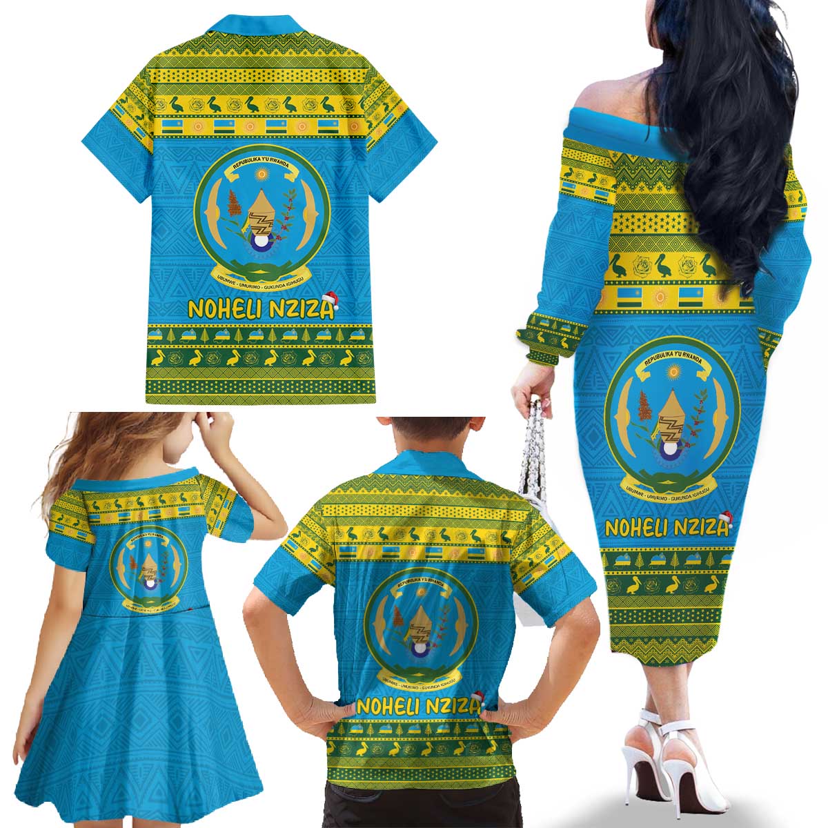 Rwanda Christmas Family Matching Off The Shoulder Long Sleeve Dress and Hawaiian Shirt Coat Of Arms Noheli Nziza - Wonder Print Shop