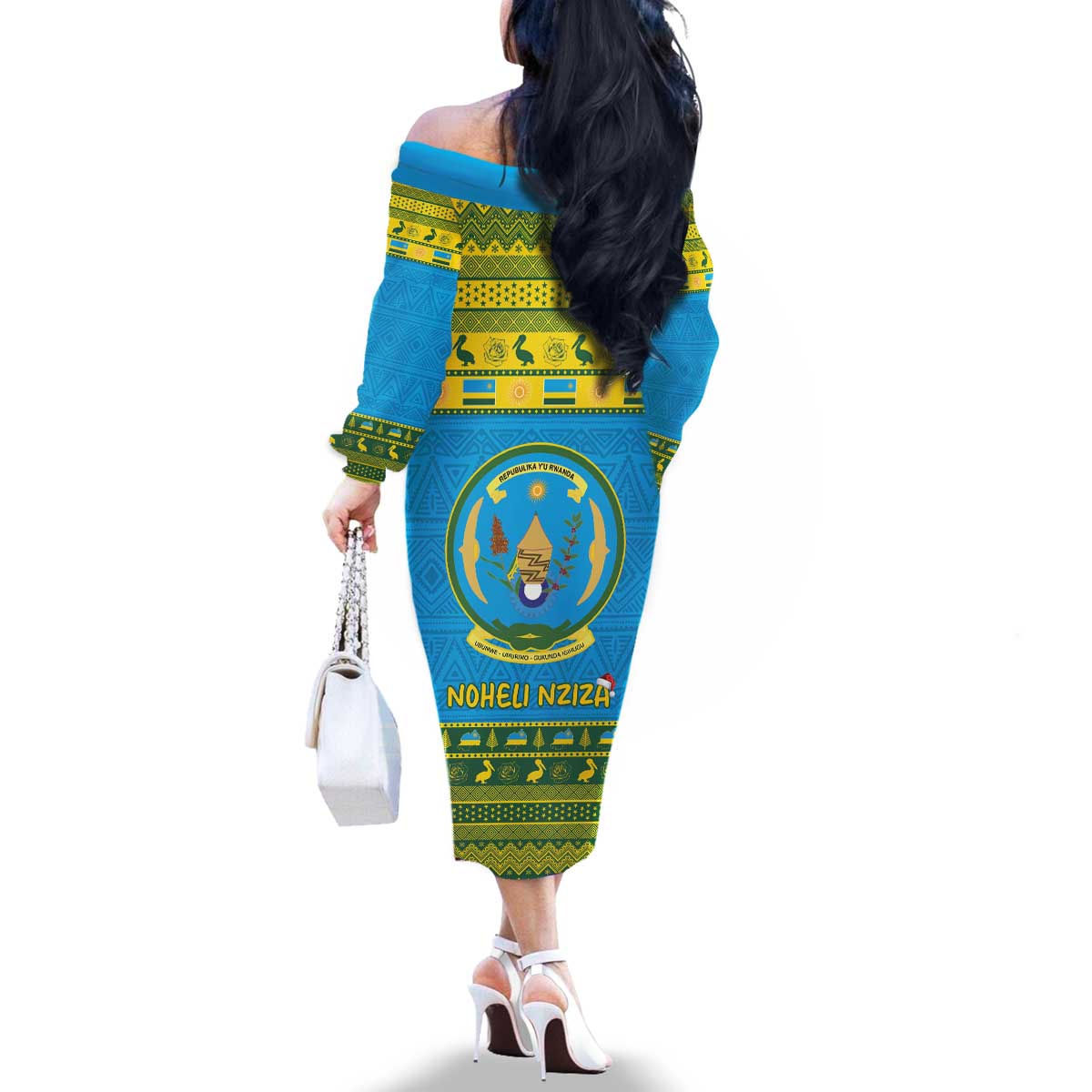 Rwanda Christmas Family Matching Off The Shoulder Long Sleeve Dress and Hawaiian Shirt Coat Of Arms Noheli Nziza - Wonder Print Shop