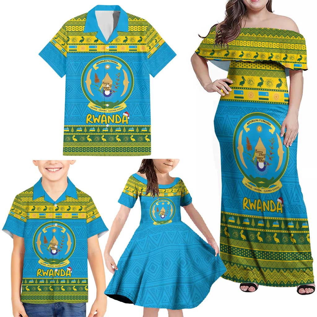 Rwanda Christmas Family Matching Off Shoulder Maxi Dress and Hawaiian Shirt Coat Of Arms Noheli Nziza - Wonder Print Shop