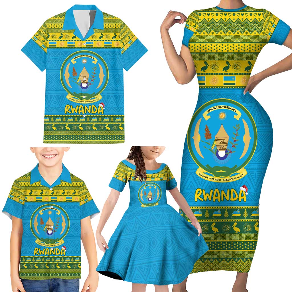 Rwanda Christmas Family Matching Short Sleeve Bodycon Dress and Hawaiian Shirt Coat Of Arms Noheli Nziza - Wonder Print Shop