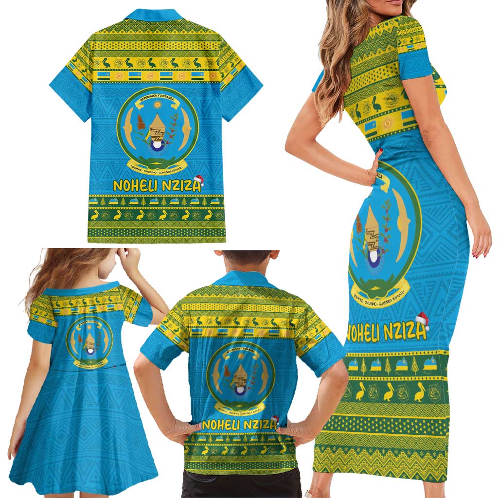 Rwanda Christmas Family Matching Short Sleeve Bodycon Dress and Hawaiian Shirt Coat Of Arms Noheli Nziza - Wonder Print Shop