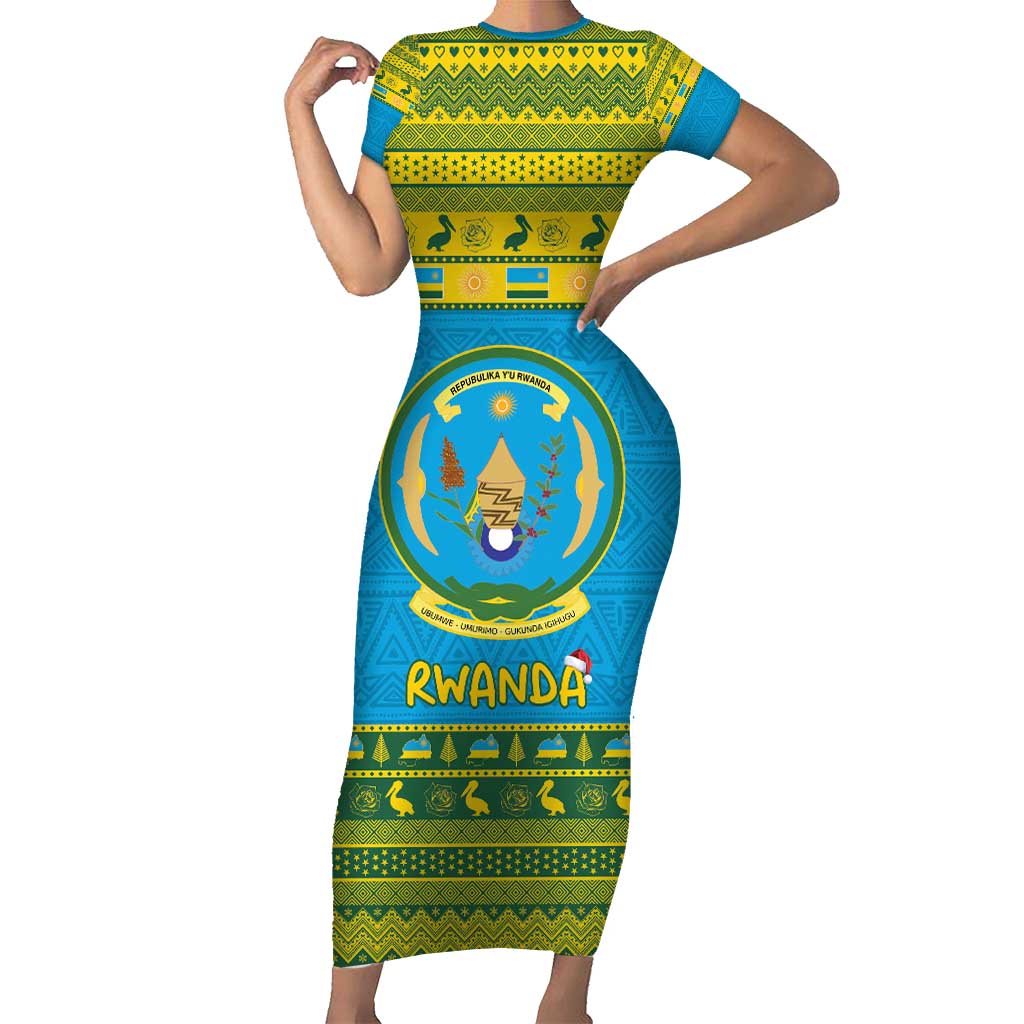 Rwanda Christmas Short Sleeve Bodycon Dress Coat Of Arms Noheli Nziza - Wonder Print Shop