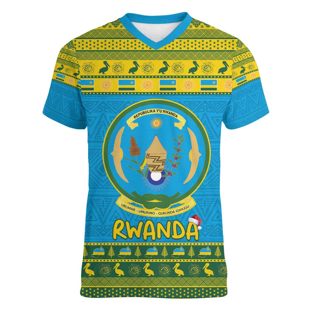 Rwanda Christmas Women V-Neck T-Shirt Coat Of Arms Noheli Nziza - Wonder Print Shop