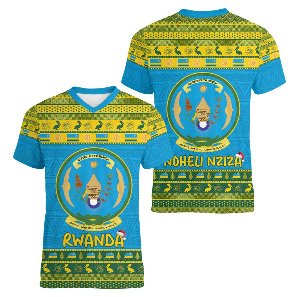 Rwanda Christmas Women V-Neck T-Shirt Coat Of Arms Noheli Nziza - Wonder Print Shop