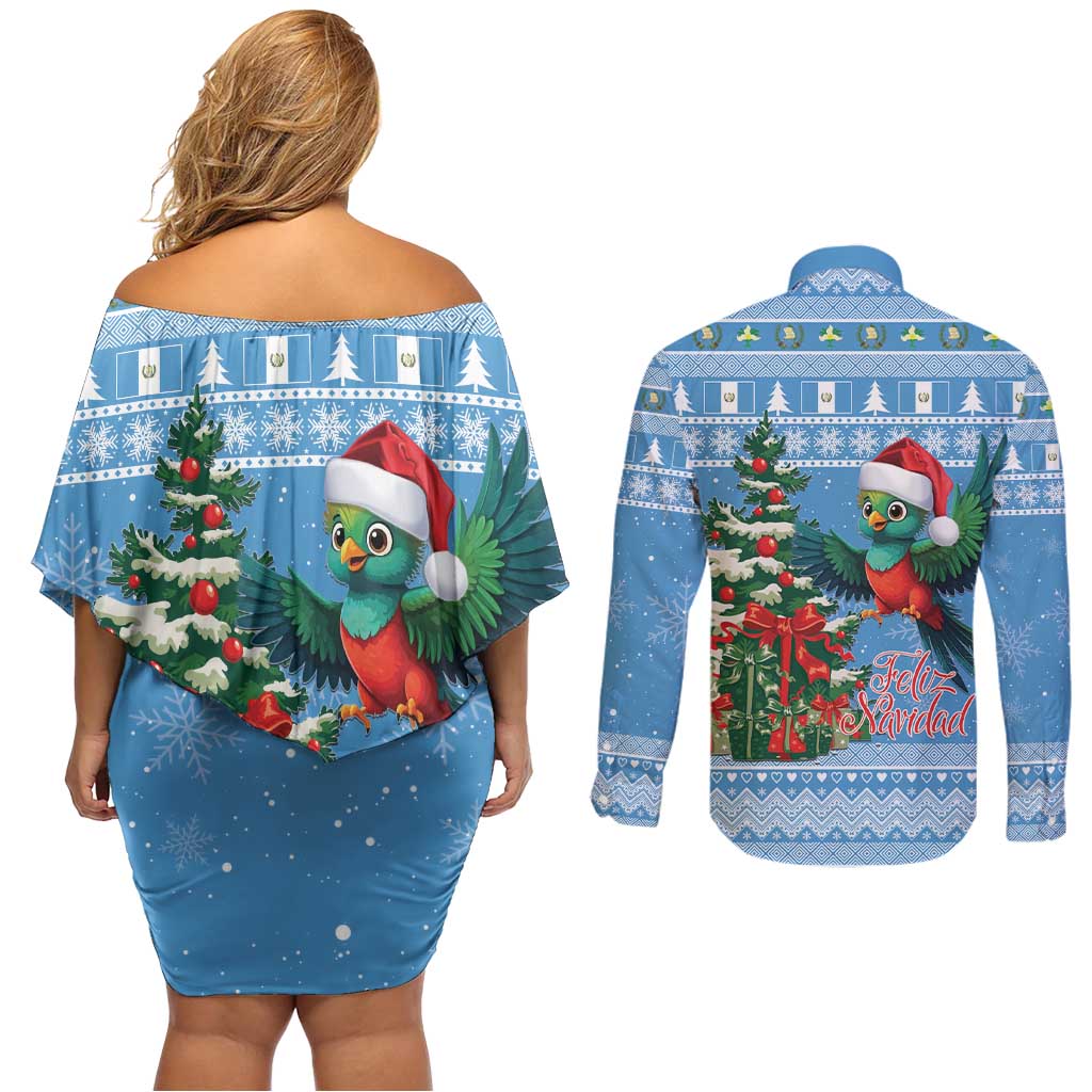Guatemala Christmas Couples Matching Off Shoulder Short Dress and Long Sleeve Button Shirt Quetzal Feliz Navidad - Wonder Print Shop