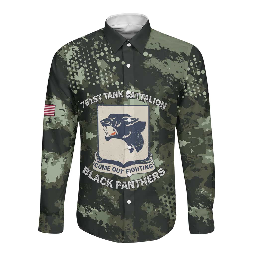761st Tank Battalion Black Panthers Long Sleeve Button Shirt WWII Military Camouflage - Wonder Print Shop