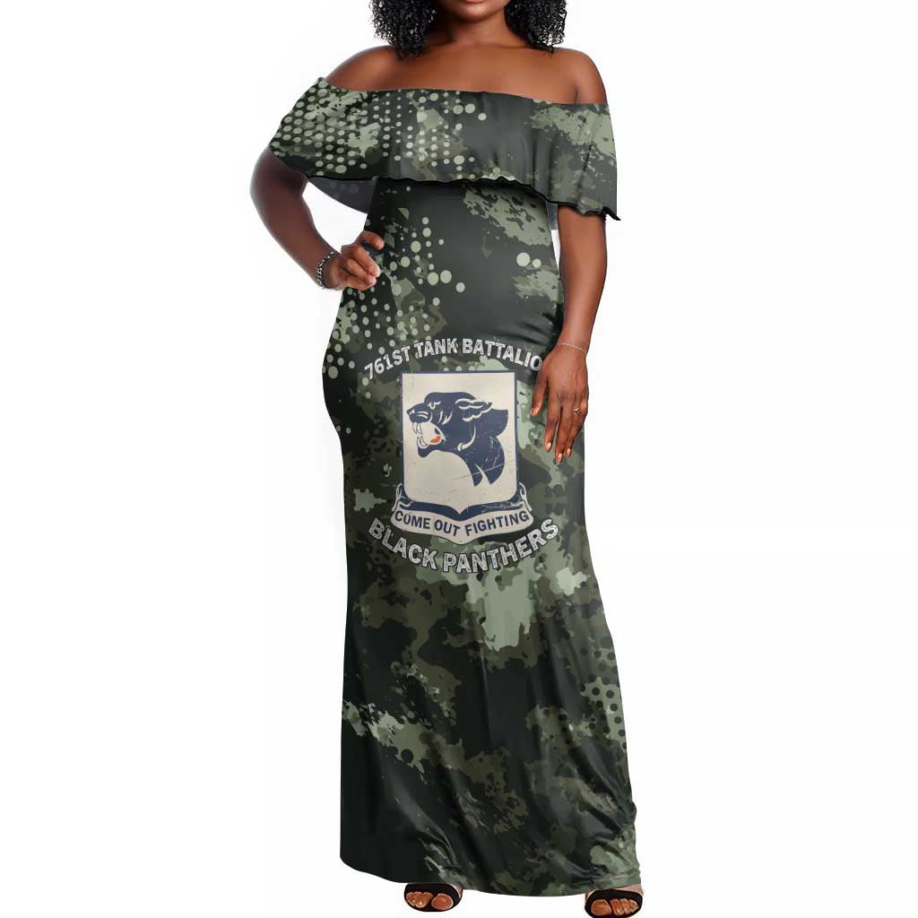 761st Tank Battalion Black Panthers Off Shoulder Maxi Dress WWII Military Camouflage - Wonder Print Shop