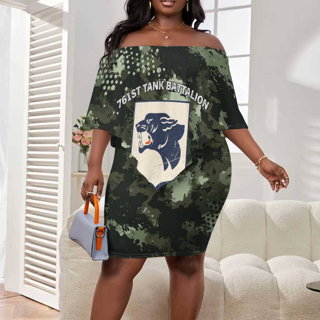 761st Tank Battalion Black Panthers Off Shoulder Short Dress WWII Military Camouflage - Wonder Print Shop