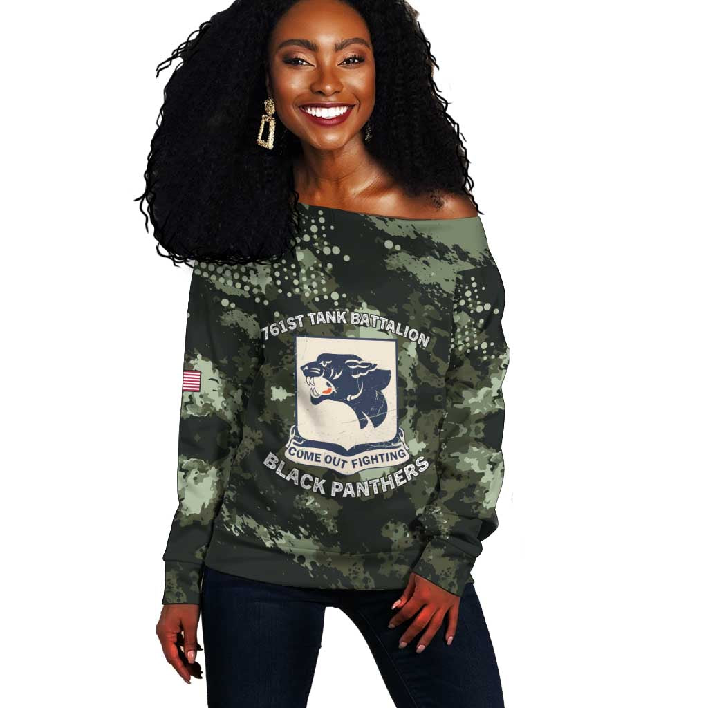 761st Tank Battalion Black Panthers Off Shoulder Sweater WWII Military Camouflage - Wonder Print Shop