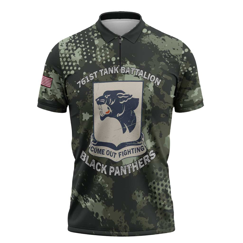 761st Tank Battalion Black Panthers Zipper Polo Shirt WWII Military Camouflage - Wonder Print Shop