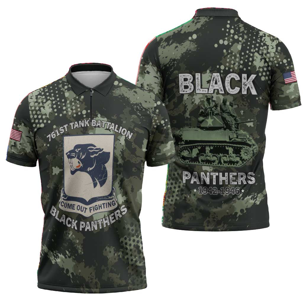 761st Tank Battalion Black Panthers Zipper Polo Shirt WWII Military Camouflage - Wonder Print Shop