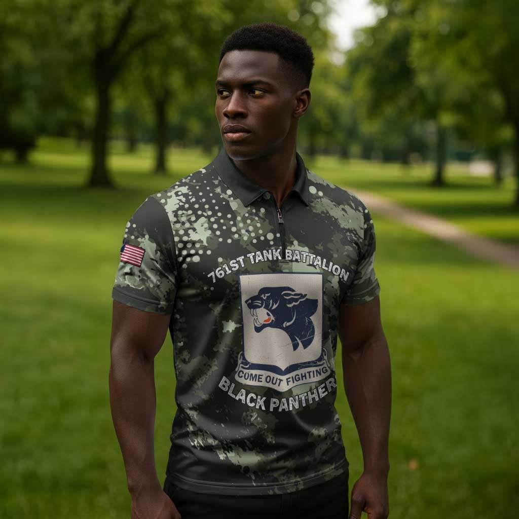 761st Tank Battalion Black Panthers Zipper Polo Shirt WWII Military Camouflage - Wonder Print Shop
