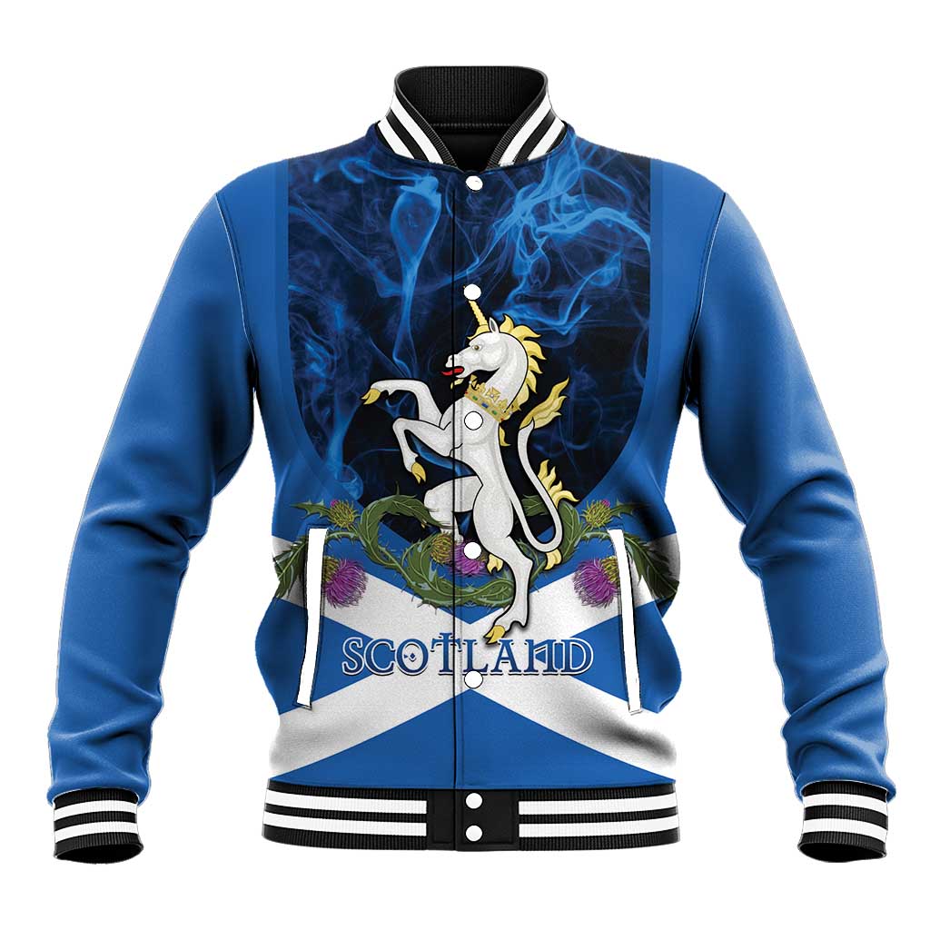 Personalised Unicorn Scotland Baseball Jacket Scottish Saltire With Thistle