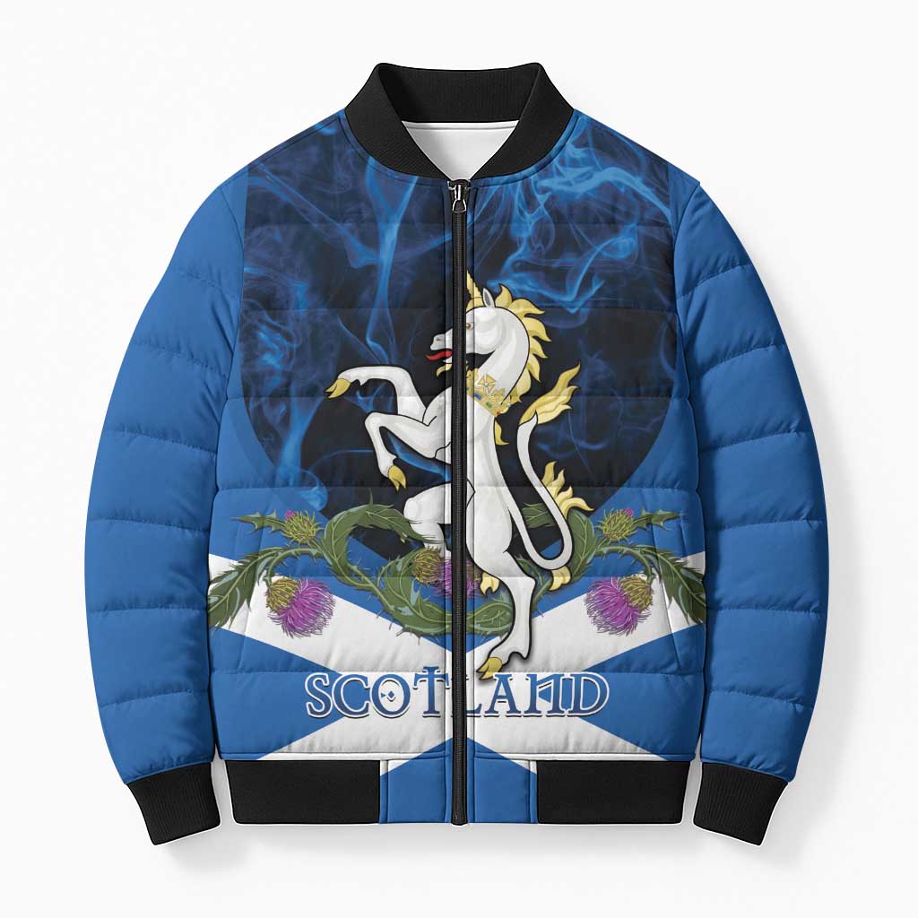 Personalised Unicorn Scotland Bomber Puffer Jacket Scottish Saltire With Thistle