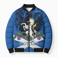 Personalised Unicorn Scotland Bomber Puffer Jacket Scottish Saltire With Thistle
