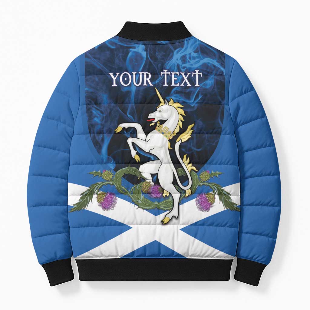 Personalised Unicorn Scotland Bomber Puffer Jacket Scottish Saltire With Thistle