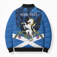 Personalised Unicorn Scotland Bomber Puffer Jacket Scottish Saltire With Thistle