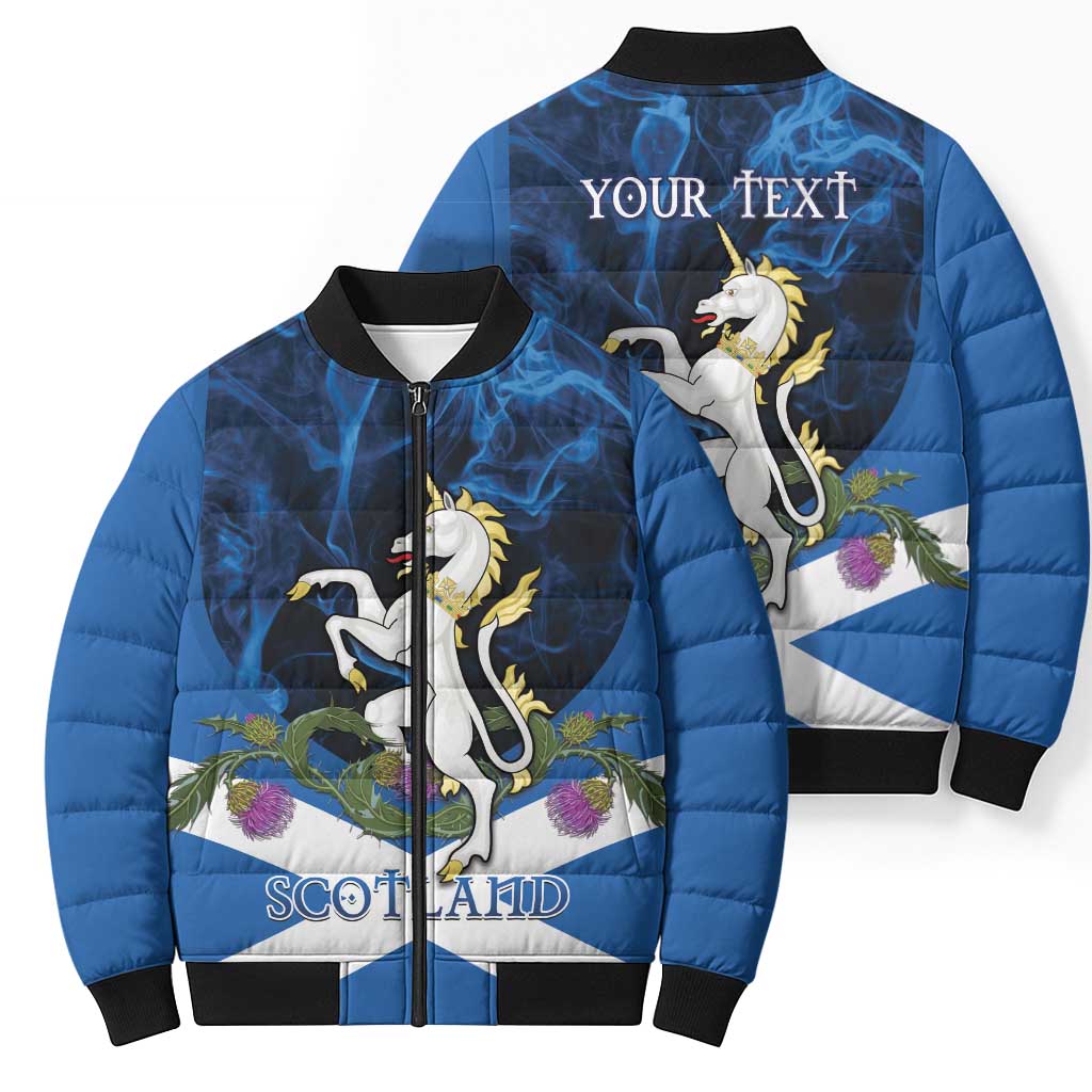 Personalised Unicorn Scotland Bomber Puffer Jacket Scottish Saltire With Thistle