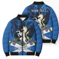 Personalised Unicorn Scotland Bomber Puffer Jacket Scottish Saltire With Thistle