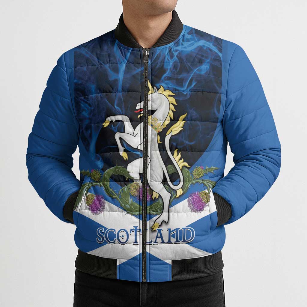 Personalised Unicorn Scotland Bomber Puffer Jacket Scottish Saltire With Thistle