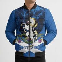 Personalised Unicorn Scotland Bomber Puffer Jacket Scottish Saltire With Thistle