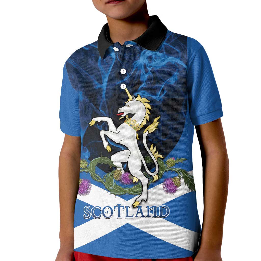 Personalised Unicorn Scotland Kid Polo Shirt Scottish Saltire With Thistle