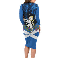 Personalised Unicorn Scotland Long Sleeve Bodycon Dress Scottish Saltire With Thistle