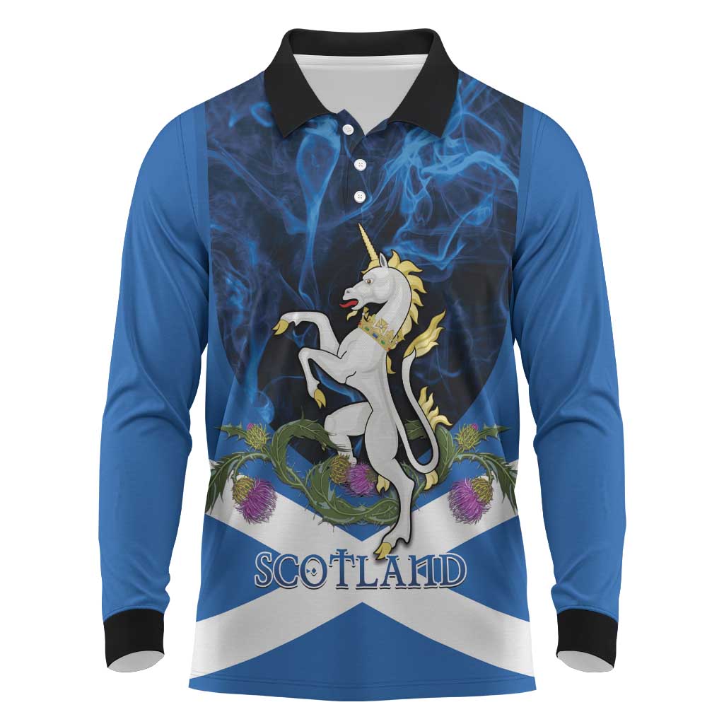 Personalised Unicorn Scotland Long Sleeve Polo Shirt Scottish Saltire With Thistle