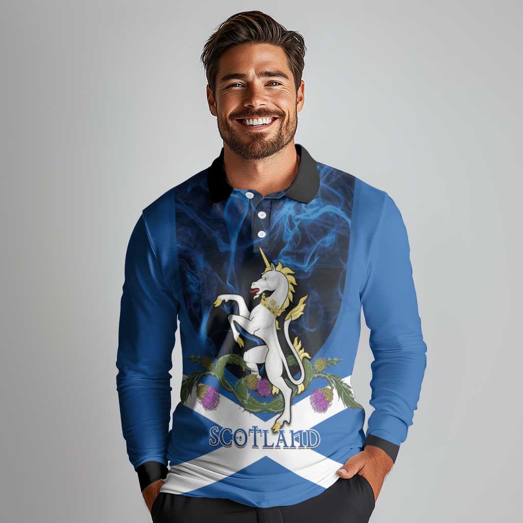 Personalised Unicorn Scotland Long Sleeve Polo Shirt Scottish Saltire With Thistle