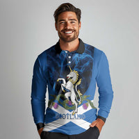 Personalised Unicorn Scotland Long Sleeve Polo Shirt Scottish Saltire With Thistle