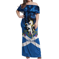 Personalised Unicorn Scotland Off Shoulder Maxi Dress Scottish Saltire With Thistle