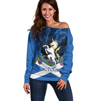 Personalised Unicorn Scotland Off Shoulder Sweater Scottish Saltire With Thistle