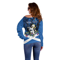 Personalised Unicorn Scotland Off Shoulder Sweater Scottish Saltire With Thistle