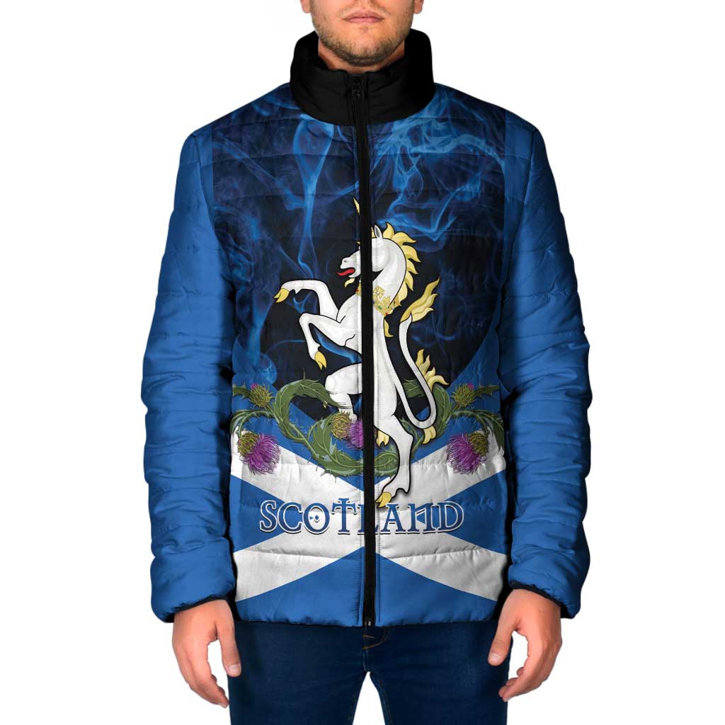 Personalised Unicorn Scotland Padded Jacket Scottish Saltire With Thistle