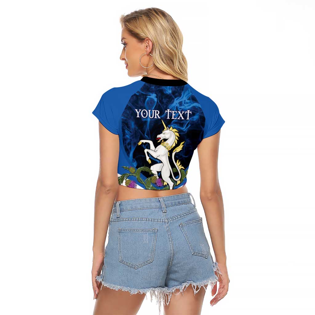 Personalised Unicorn Scotland Raglan Cropped T Shirt Scottish Saltire With Thistle