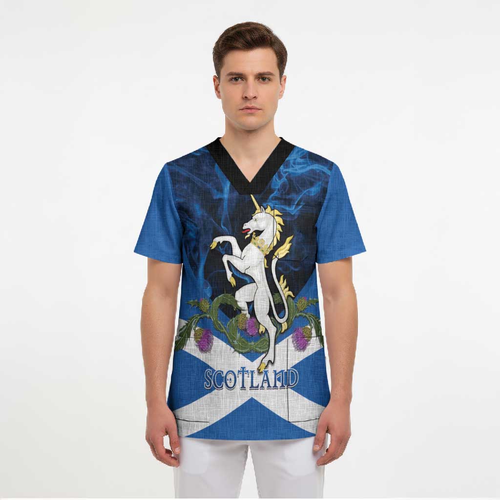 Personalised Unicorn Scotland Scrub Top Scottish Saltire With Thistle