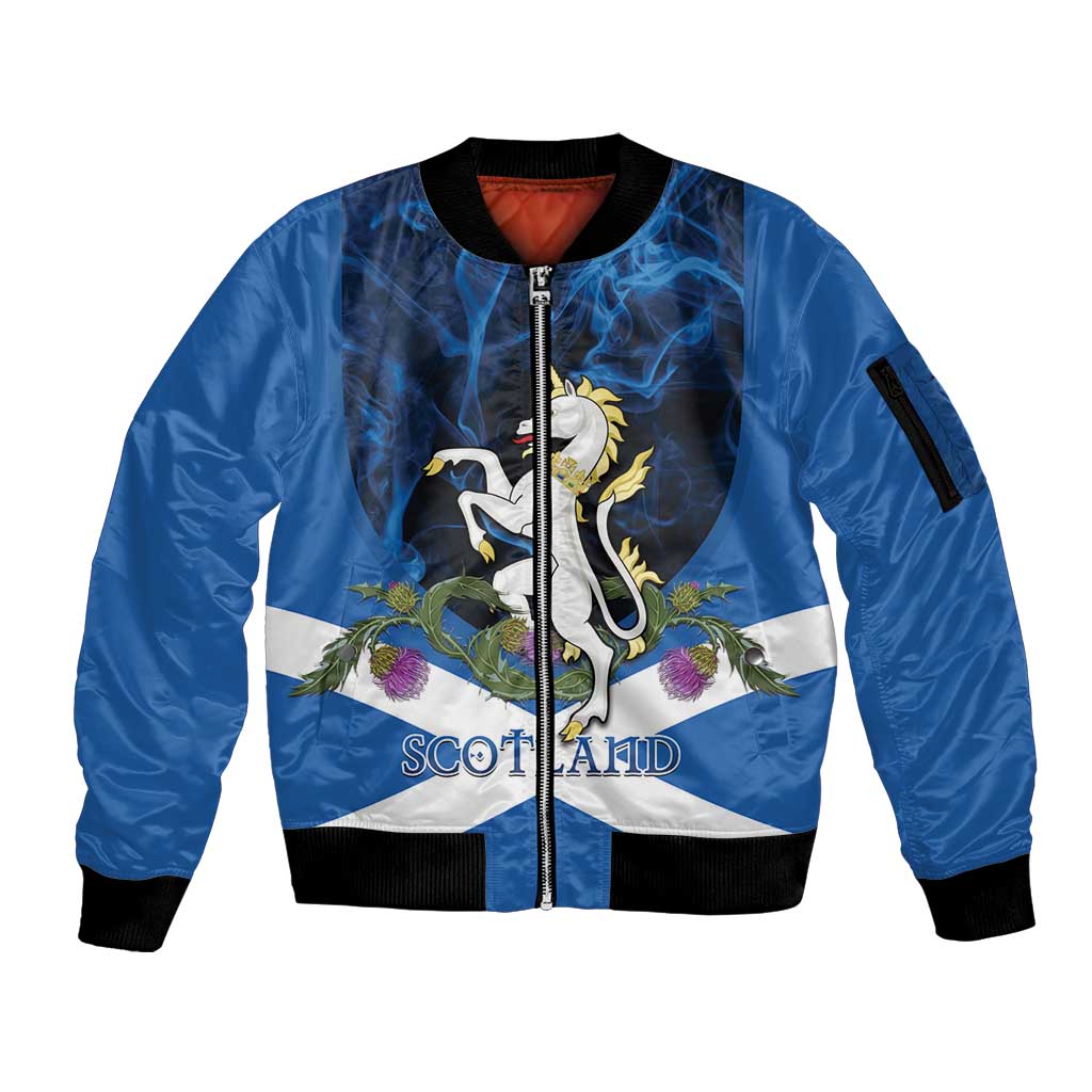 Personalised Unicorn Scotland Sleeve Zip Bomber Jacket Scottish Saltire With Thistle