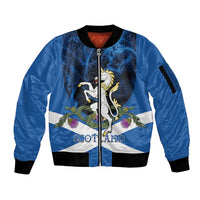 Personalised Unicorn Scotland Sleeve Zip Bomber Jacket Scottish Saltire With Thistle