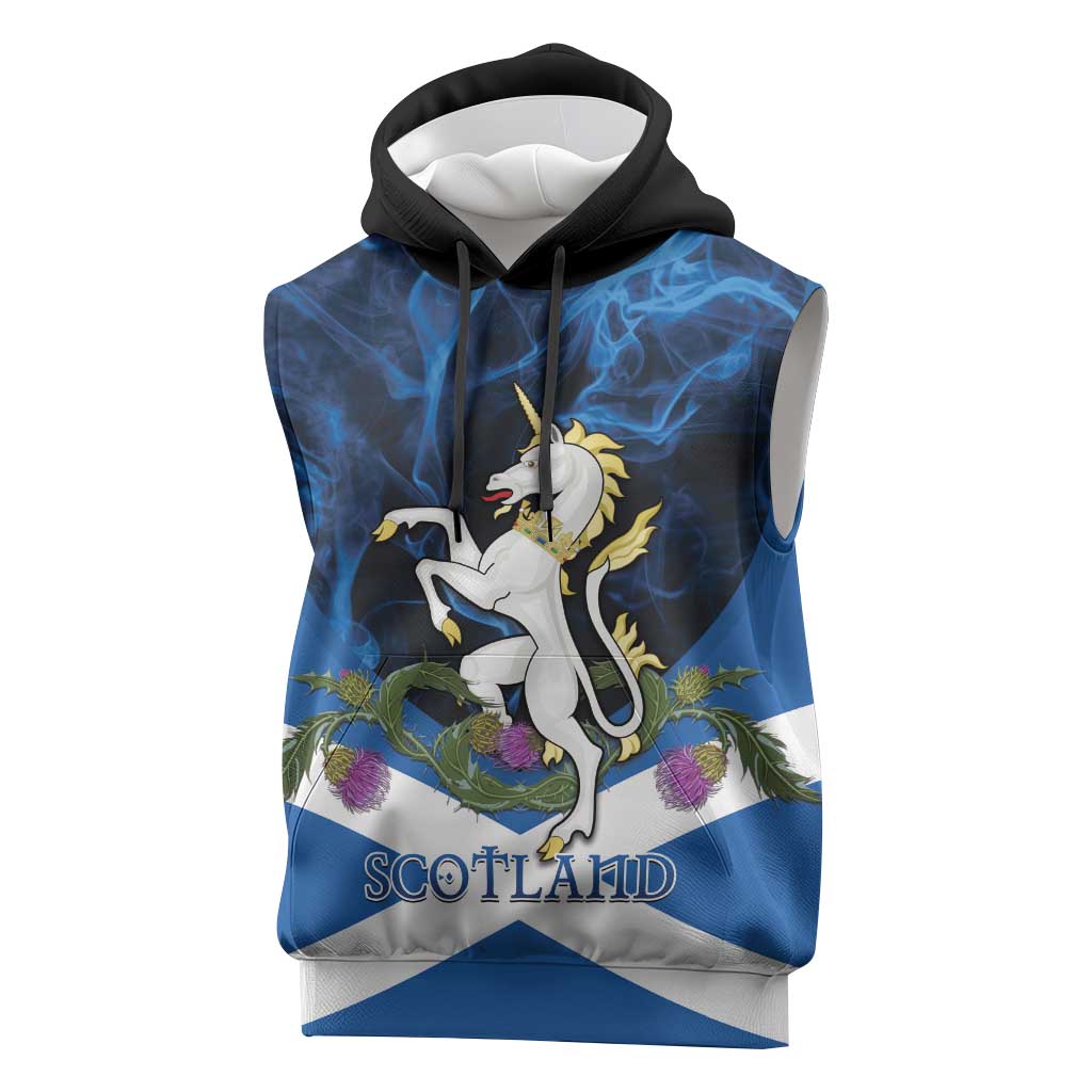 Personalised Unicorn Scotland Sleeveless Hoodie Scottish Saltire With Thistle