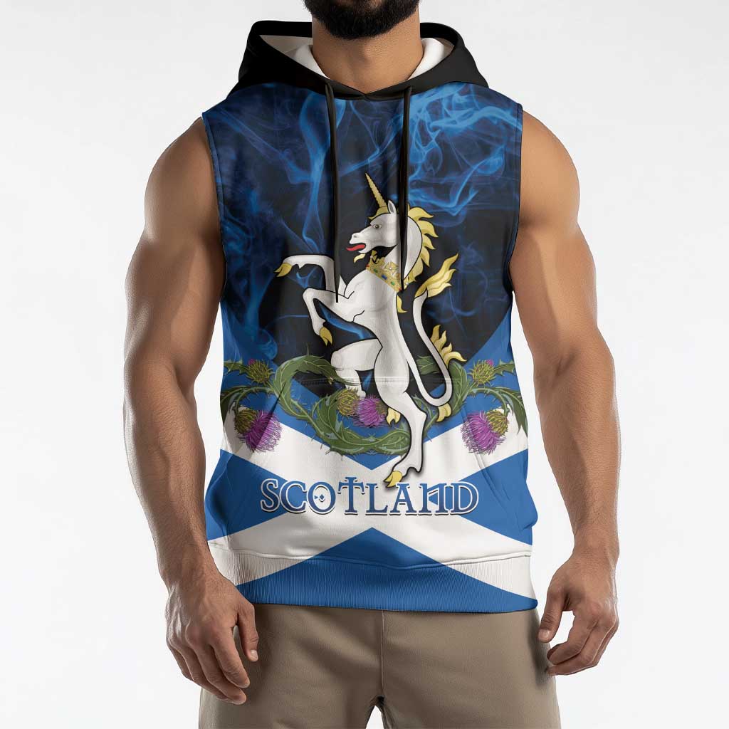 Personalised Unicorn Scotland Sleeveless Hoodie Scottish Saltire With Thistle