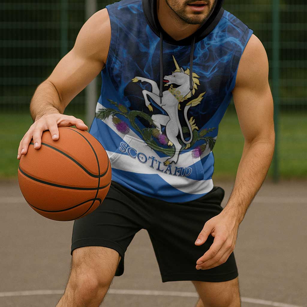 Personalised Unicorn Scotland Sleeveless Hoodie Scottish Saltire With Thistle